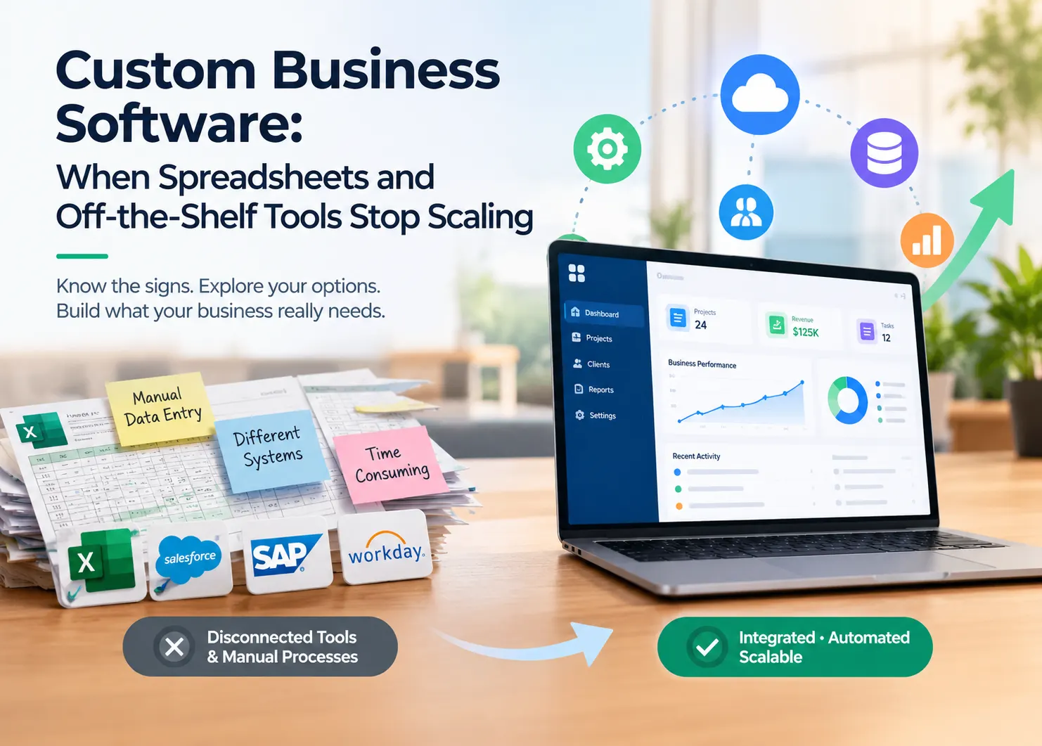 Custom business software banner showing disconnected spreadsheets and manual data entry transforming into an integrated software dashboard with automated workflows, cloud connectivity, business analytics, and scalable systems, illustrating when off-the-shelf tools stop meeting growing business needs.